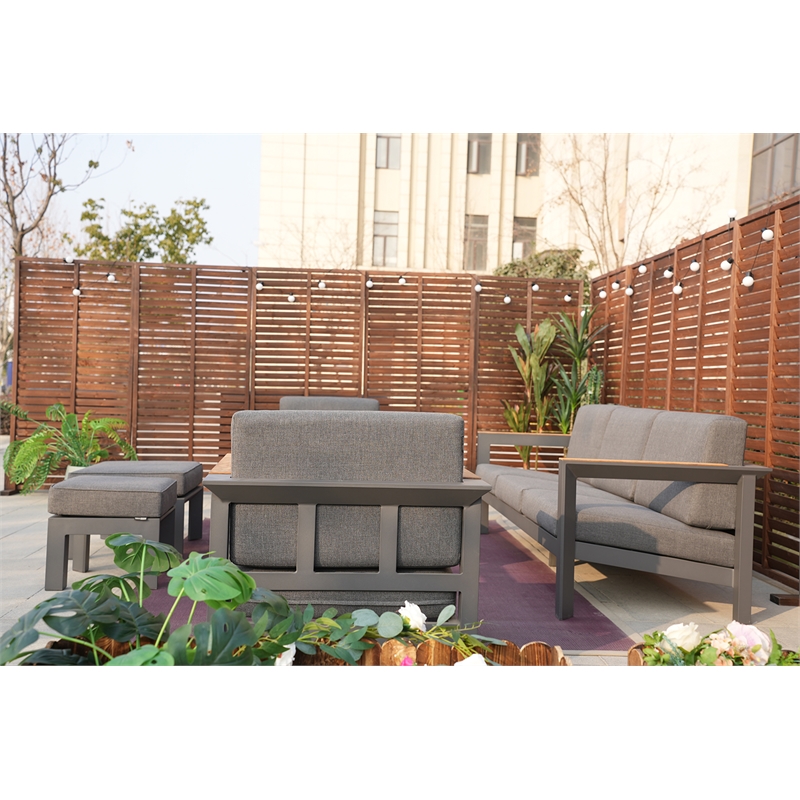 Gray Aluminum 5-Person Outdoor Seating Group with Cushions and Ottomans