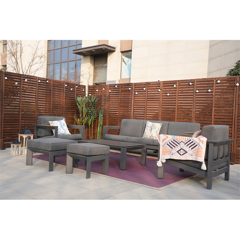 Gray Aluminum 5-Person Outdoor Seating Group with Cushions and Ottomans
