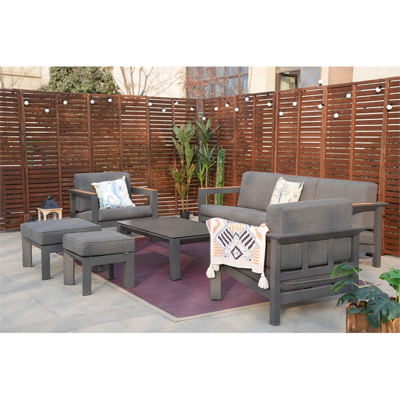 Gray Aluminum 5-Person Outdoor Seating Group with Cushions and Ottomans