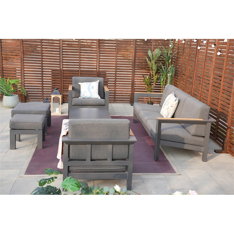Gray Aluminum 5-Person Outdoor Seating Group with Cushions and Ottomans
