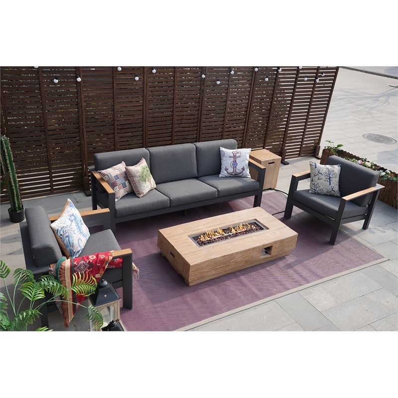 Gray Aluminum 5-Person Outdoor Seating Group with Cushions and Firepit