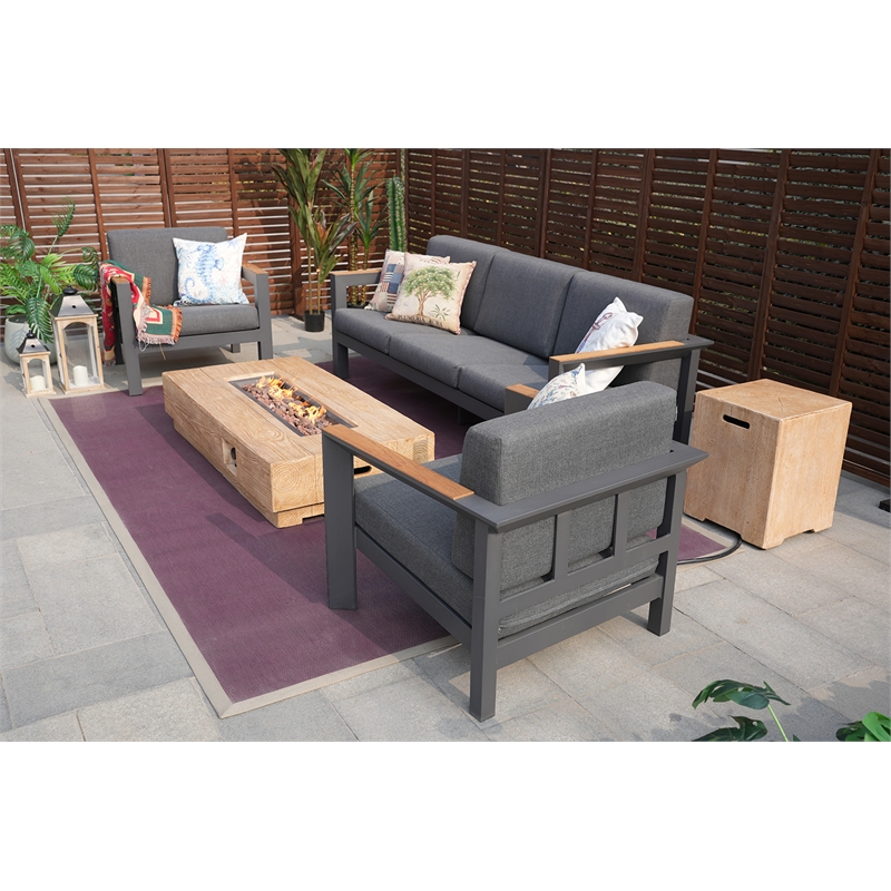 Gray Aluminum 5-Person Outdoor Seating Group with Cushions and Firepit