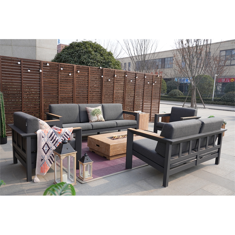 Aluminum 7-Person Seating Group with Fire Pit and Gray Cushions