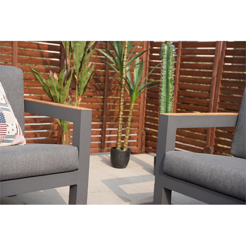 Aluminum 7-Person Seating Group with Fire Pit and Gray Cushions