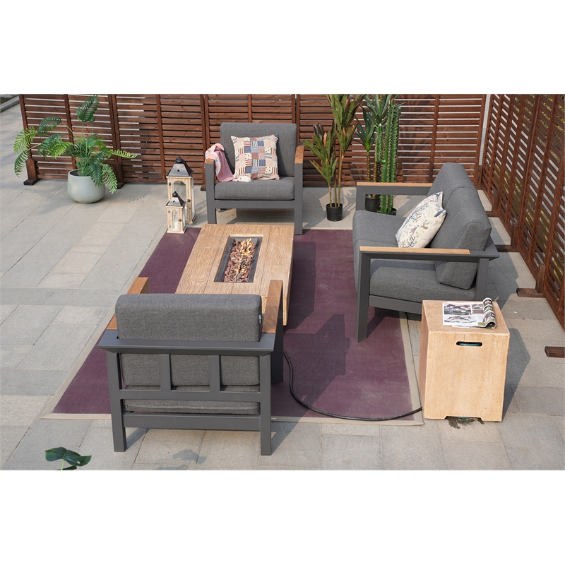 Gray Aluminum 4-Person Seating Group with Fire Pit and Cushions