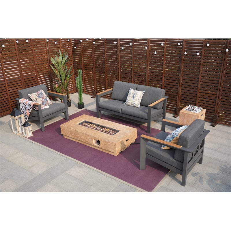 Gray Aluminum 4-Person Seating Group with Fire Pit and Cushions