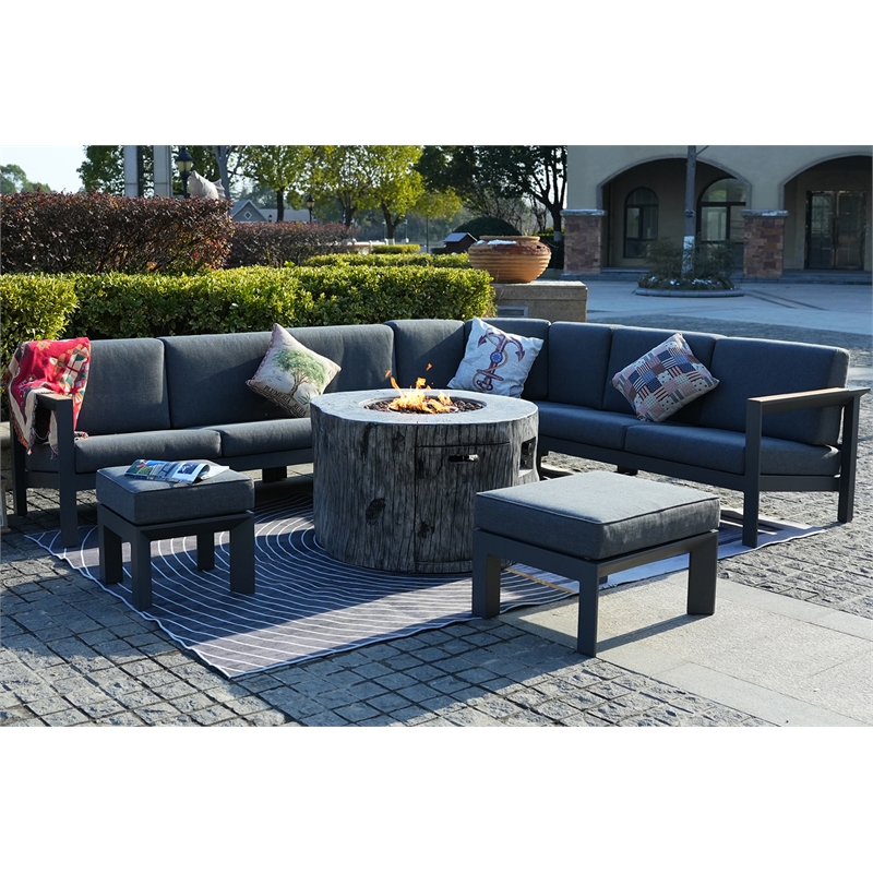 Gray Aluminum 6-Person Outdoor Seating Group with Fire Pit and Ottomans
