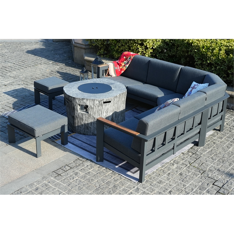 Gray Aluminum 6-Person Outdoor Seating Group with Fire Pit and Ottomans