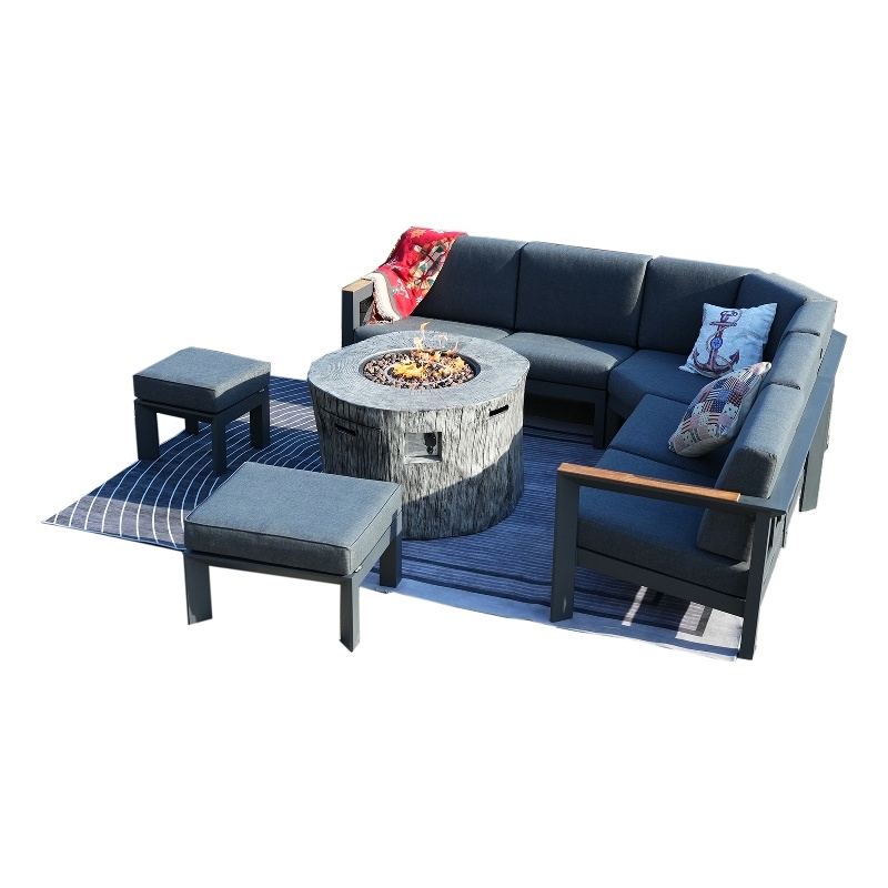 Gray Aluminum 6-Person Outdoor Seating Group with Fire Pit and Ottomans
