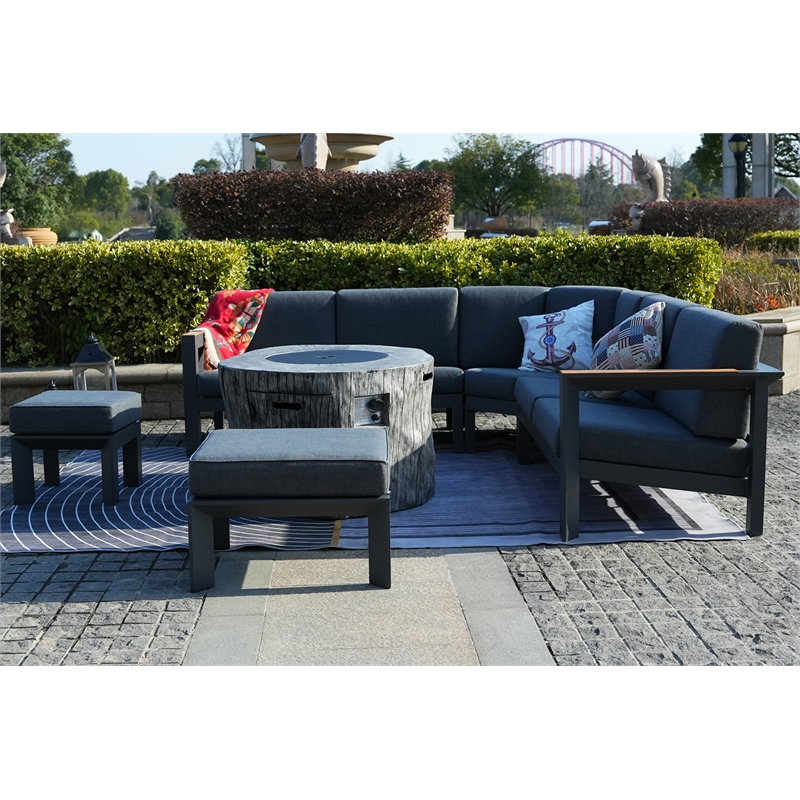 Gray Aluminum 6-Person Outdoor Seating Group with Fire Pit and Ottomans