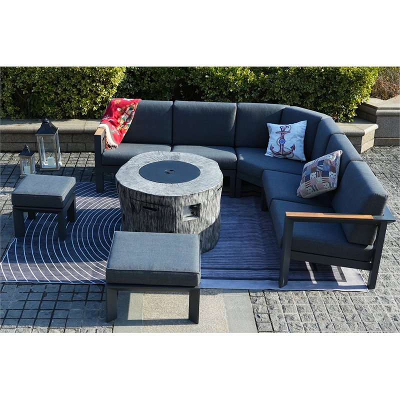 Gray Aluminum 6-Person Outdoor Seating Group with Fire Pit and Ottomans