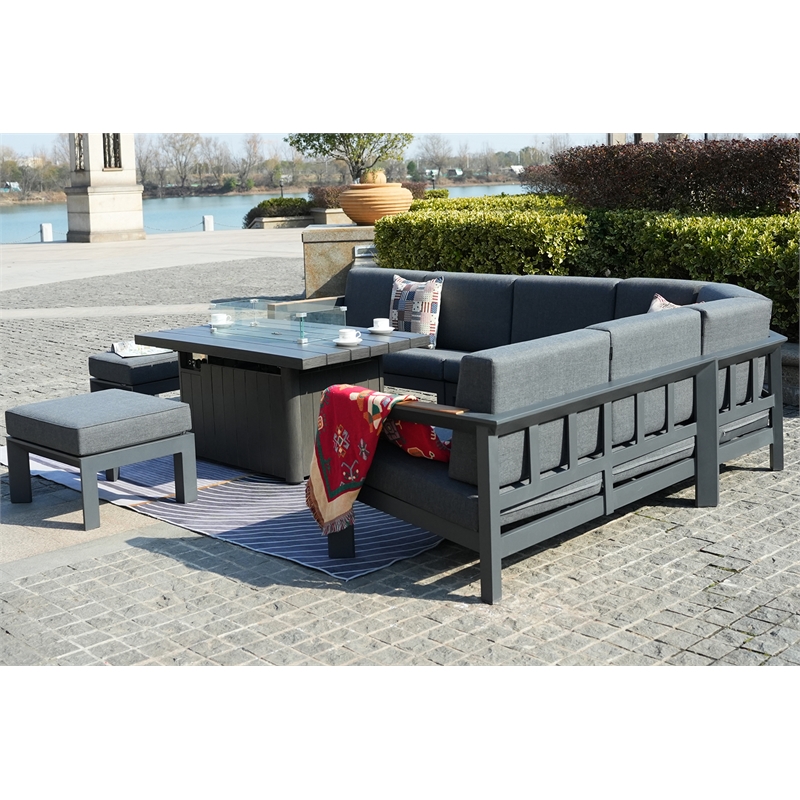 Gray Aluminum 5-Person Outdoor Seating Group with Cushions and Ottomans