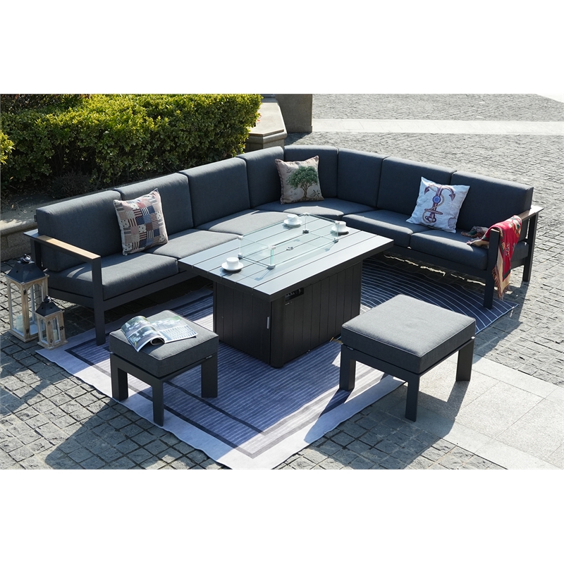 Gray Aluminum 5-Person Outdoor Seating Group with Cushions and Ottomans