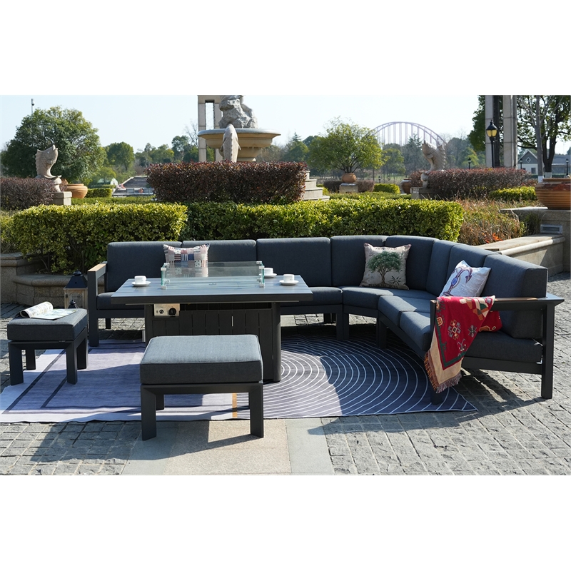 Gray Aluminum 5-Person Outdoor Seating Group with Cushions and Ottomans