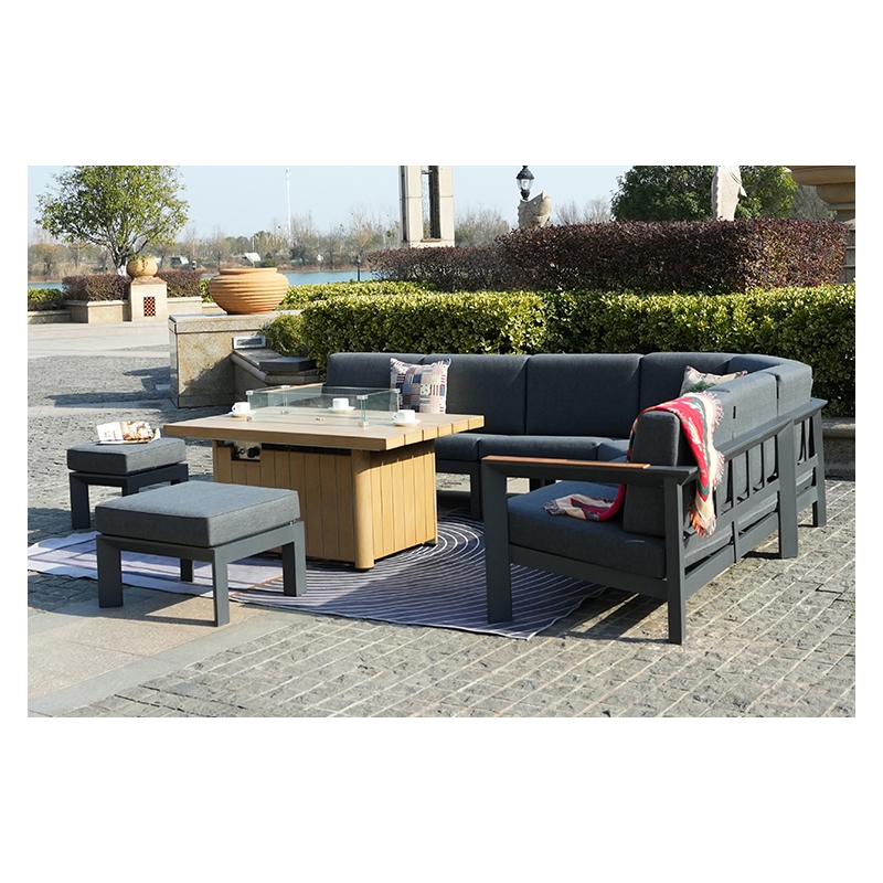 Teak Aluminum 5-Person Outdoor Seating Group with Cushions and Ottomans