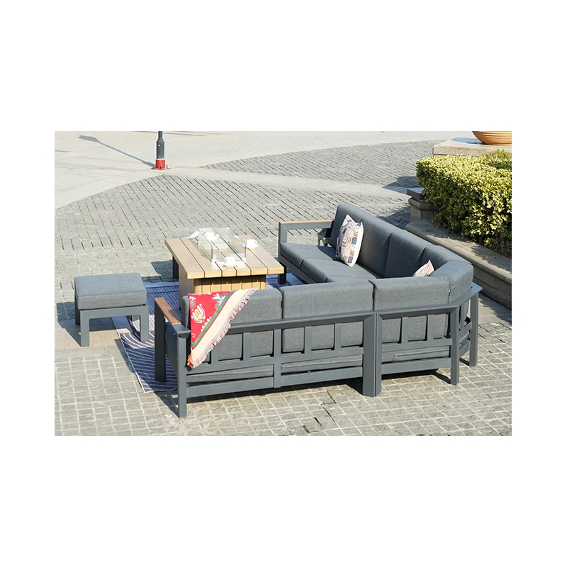 Teak Aluminum 5-Person Outdoor Seating Group with Cushions and Ottomans