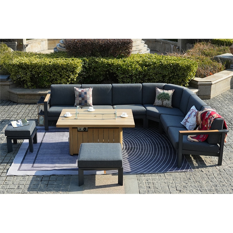 Teak Aluminum 5-Person Outdoor Seating Group with Cushions and Ottomans