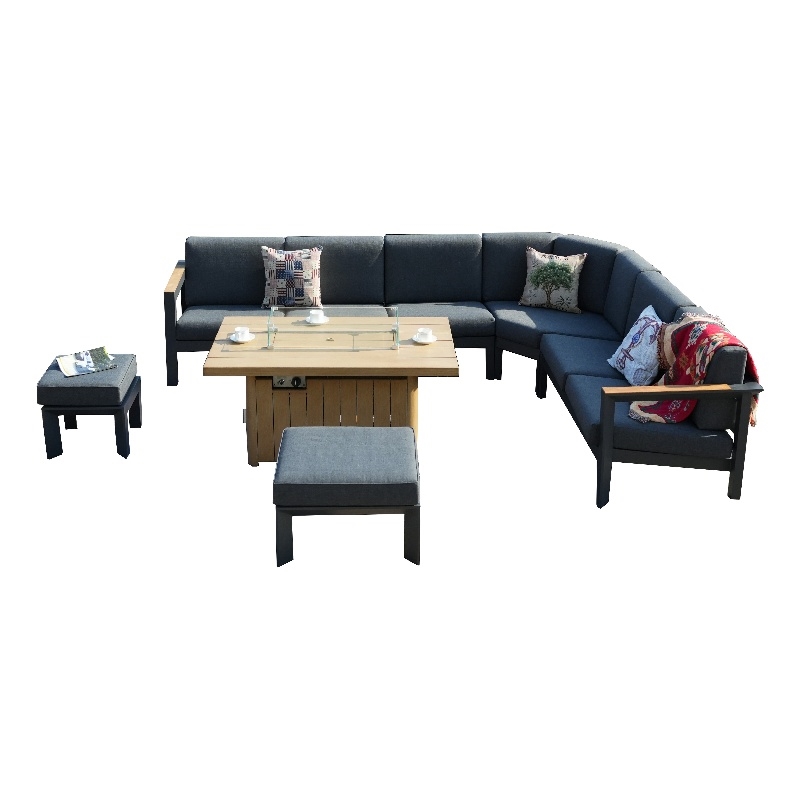 Teak Aluminum 5-Person Outdoor Seating Group with Cushions and Ottomans