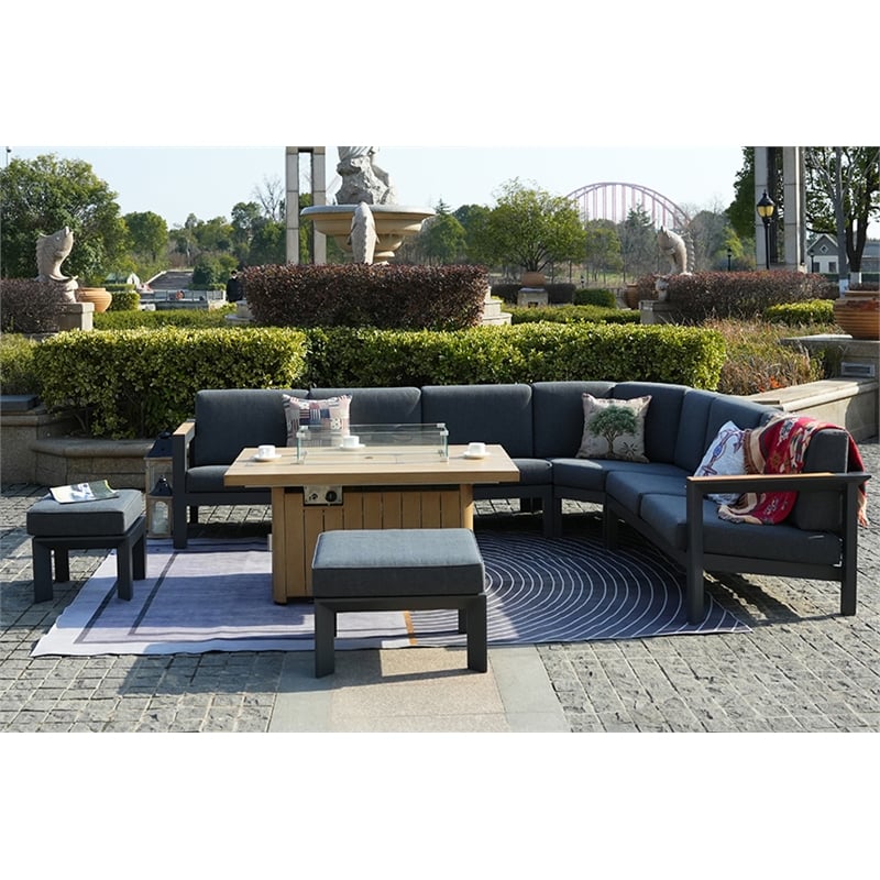Teak Aluminum 5-Person Outdoor Seating Group with Cushions and Ottomans