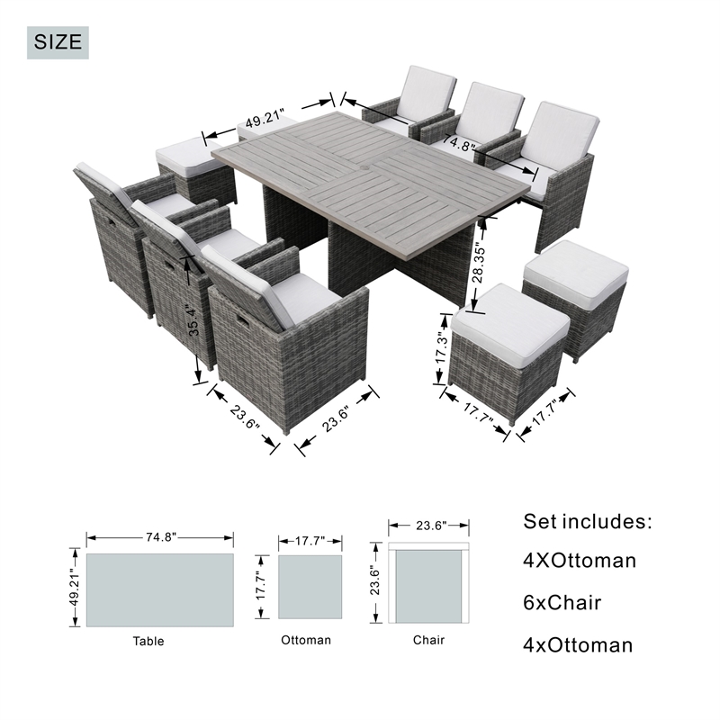 Gray Aluminum 6-Person Outdoor Dining Set with 6 Chairs and 4 Ottomans