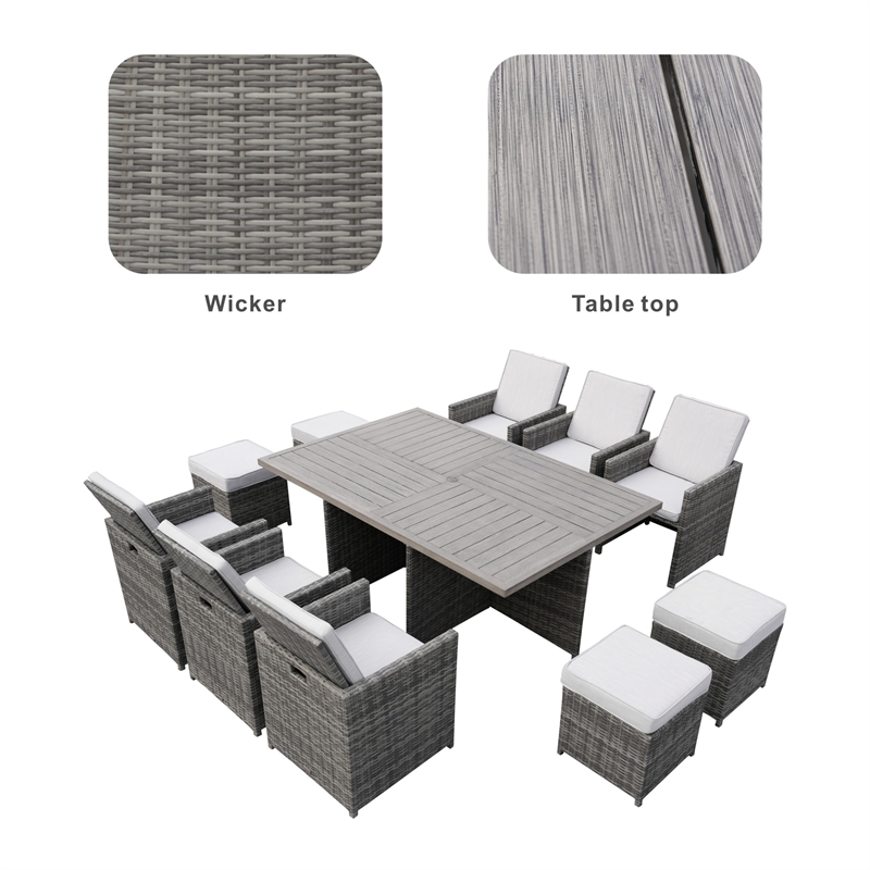 Gray Aluminum 6-Person Outdoor Dining Set with 6 Chairs and 4 Ottomans