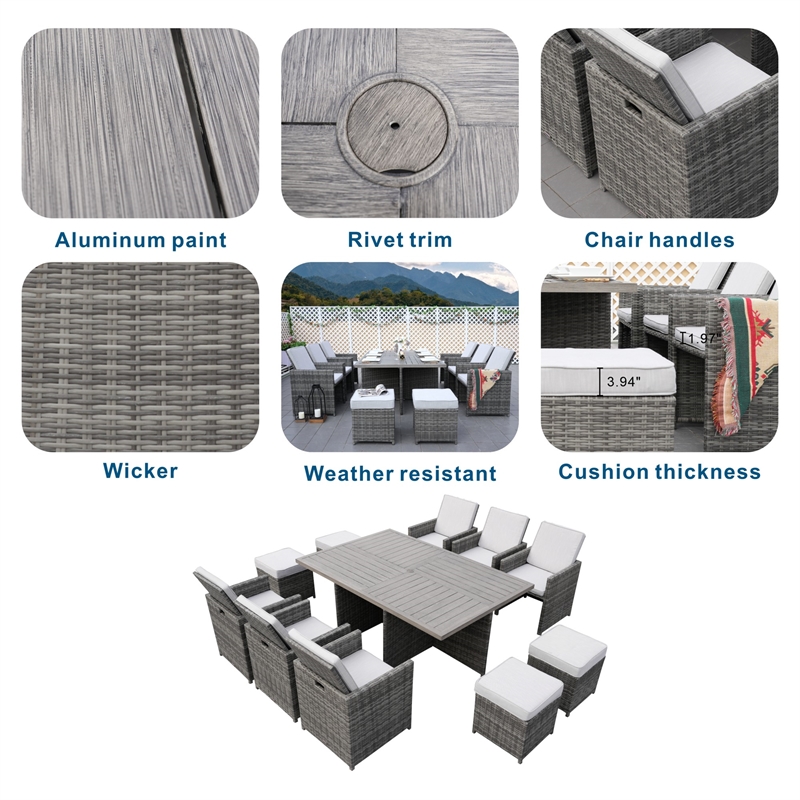 Gray Aluminum 6-Person Outdoor Dining Set with 6 Chairs and 4 Ottomans