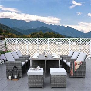 Gray Aluminum 6-Person Outdoor Dining Set with 6 Chairs and 4 Ottomans