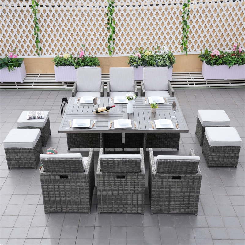 Gray Aluminum 6-Person Outdoor Dining Set with 6 Chairs and 4 Ottomans