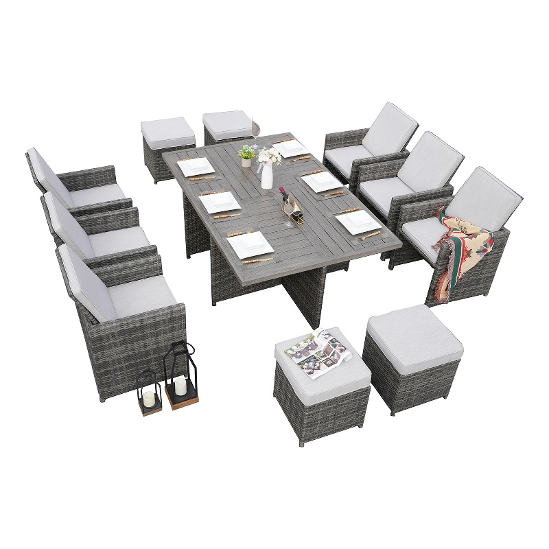 Gray Aluminum 6-Person Outdoor Dining Set with 6 Chairs and 4 Ottomans