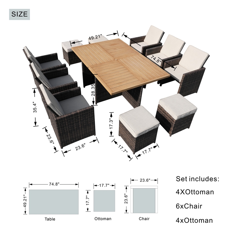 Brown Aluminum 6 - Person Outdoor Dining Set with 6 Chairs and 4 Ottomans