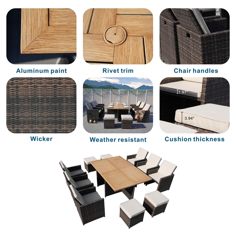 Brown Aluminum 6 - Person Outdoor Dining Set with 6 Chairs and 4 Ottomans