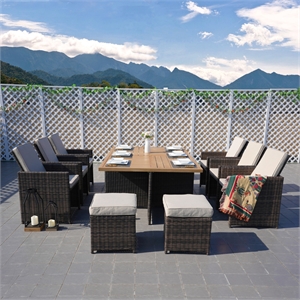 Brown Aluminum 6 - Person Outdoor Dining Set with 6 Chairs and 4 Ottomans