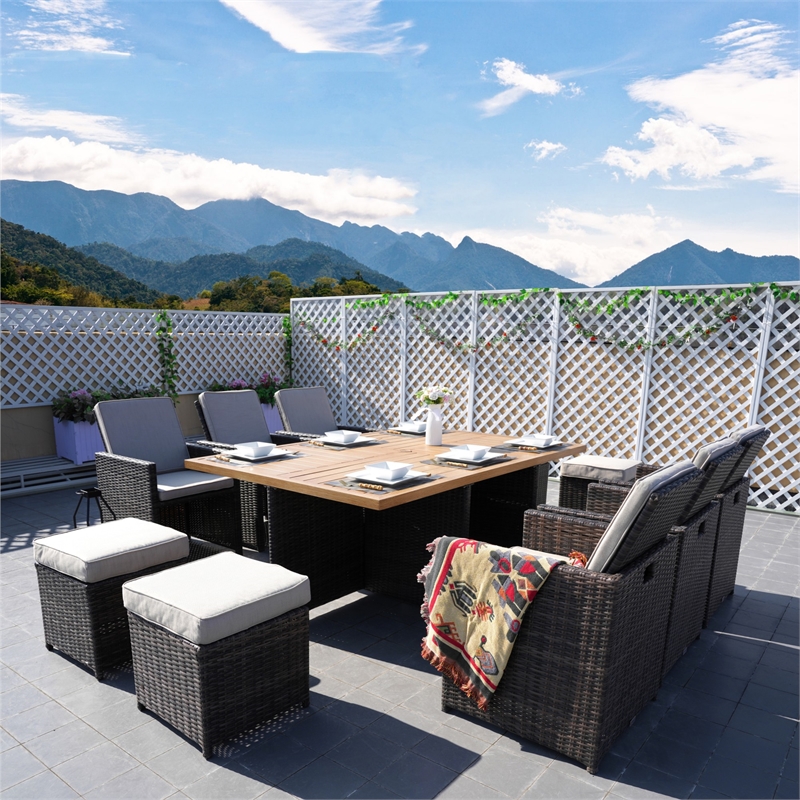 Brown Aluminum 6 - Person Outdoor Dining Set with 6 Chairs and 4 Ottomans