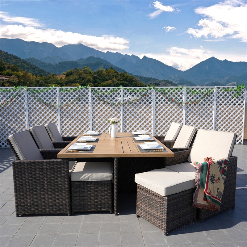 Brown Aluminum 6 - Person Outdoor Dining Set with 6 Chairs and 4 Ottomans