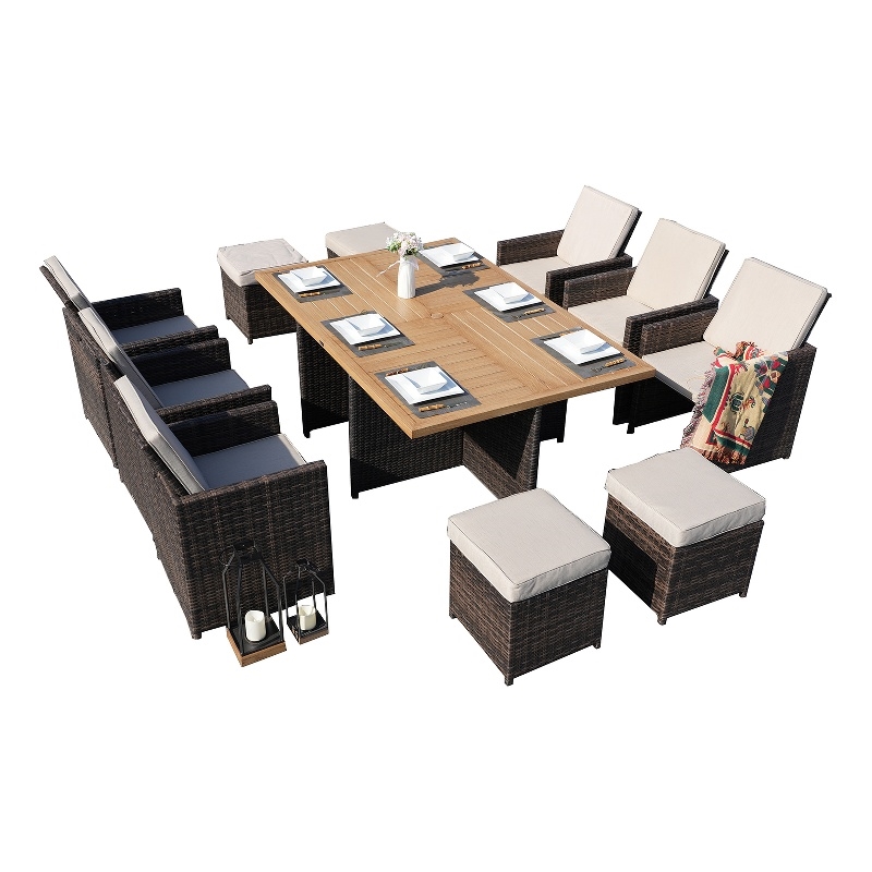 Brown Aluminum 6 - Person Outdoor Dining Set with 6 Chairs and 4 Ottomans