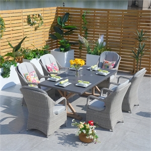Modern Grey Aluminum 6-Seater Outdoor Dining set and Rattan Chair with Cushions
