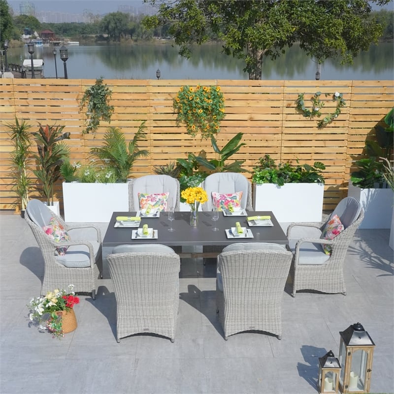 Modern Grey Aluminum 6-Seater Outdoor Dining set and Rattan Chair with Cushions