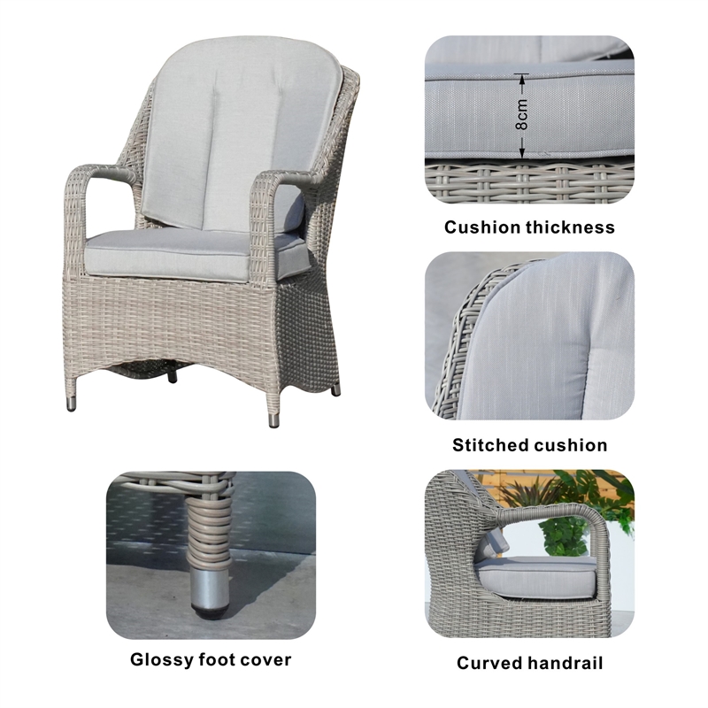 Modern Grey Aluminum 6-Seater Outdoor Dining set and Rattan Chair with Cushions