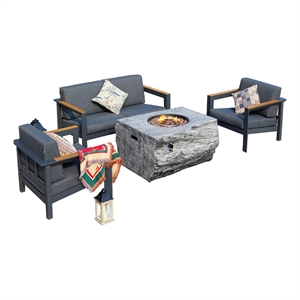 Gray Aluminum 4-Person Outdoor Seating Group with Firepit and Cushions