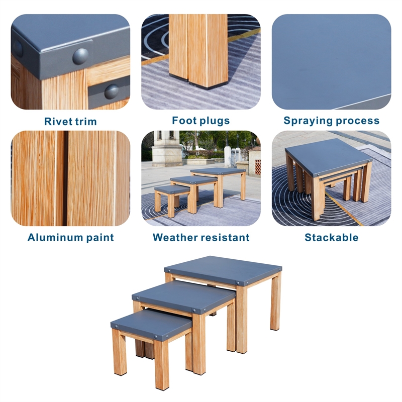 Patio Furniture Gray Square Aluminum Outdoor Coffee Table (Set of 3)