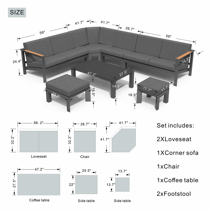 Gray Aluminum 6-Person Outdoor Seating Group with Cushions