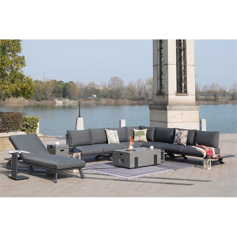 Gray Aluminum 5-Person Outdoor Seating Group with Fire Pit and Cushions
