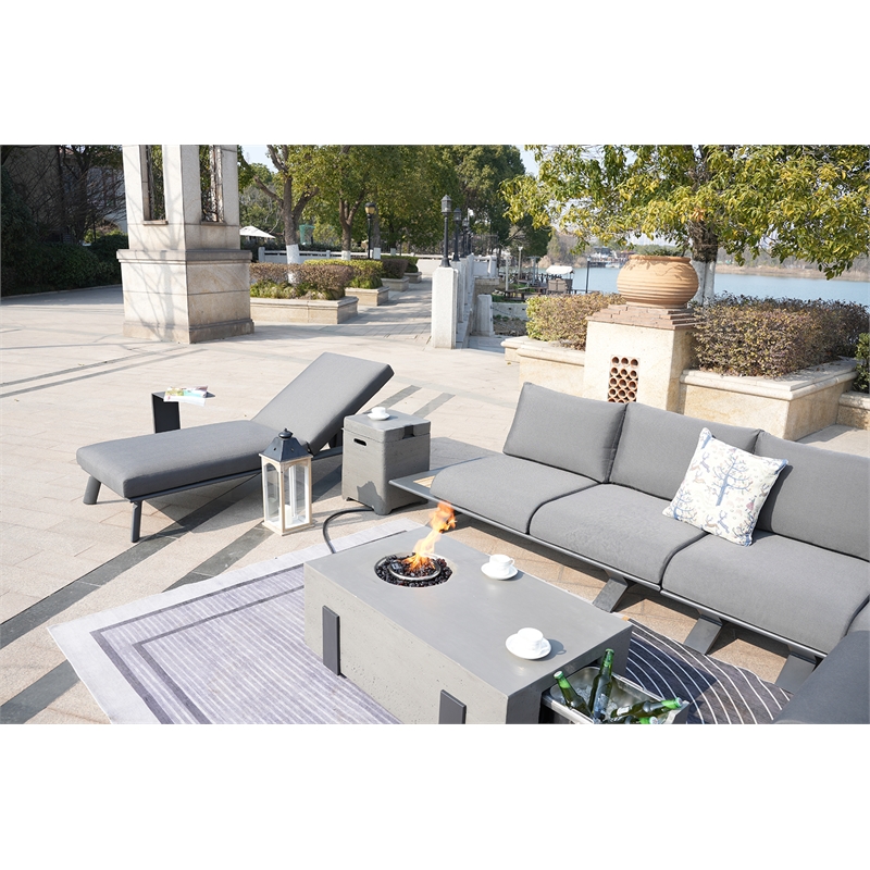 Gray Aluminum 5-Person Outdoor Seating Group with Fire Pit and Cushions