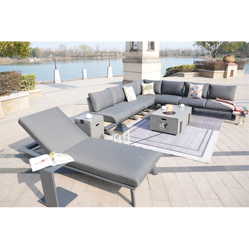 Gray Aluminum 5-Person Outdoor Seating Group with Fire Pit and Cushions