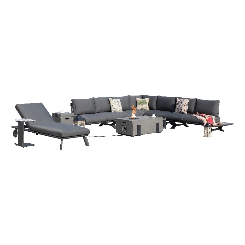 Gray Aluminum 5-Person Outdoor Seating Group with Fire Pit and Cushions