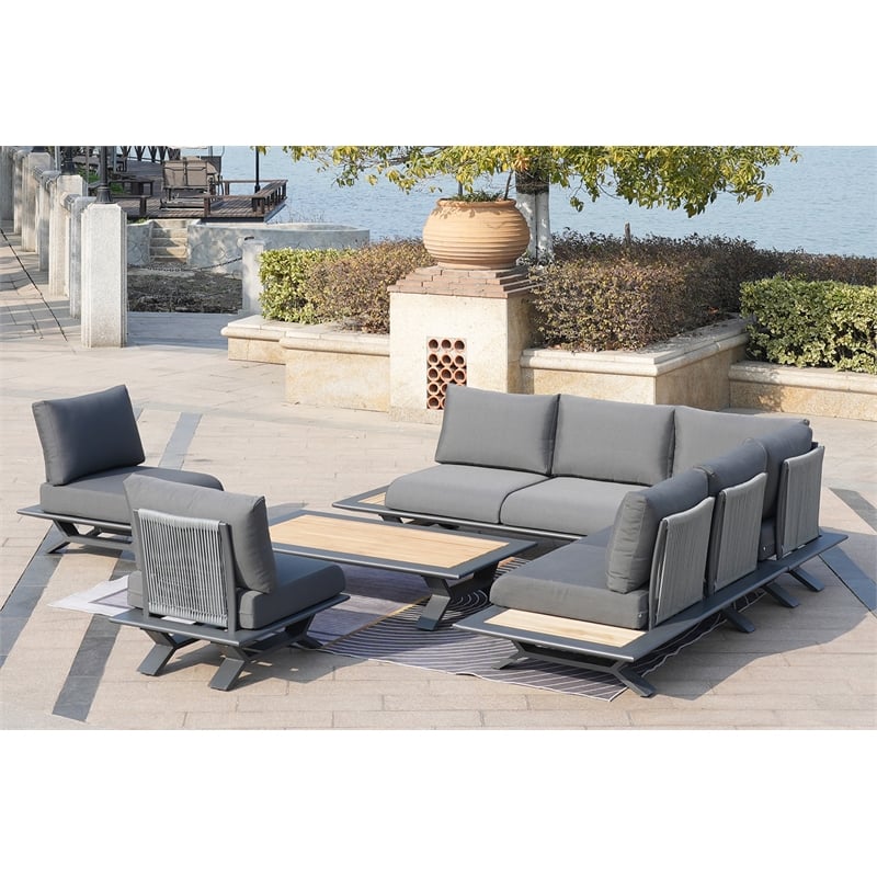 Gray Aluminum 7 - Person Outdoor Seating Group with Gray Cushions