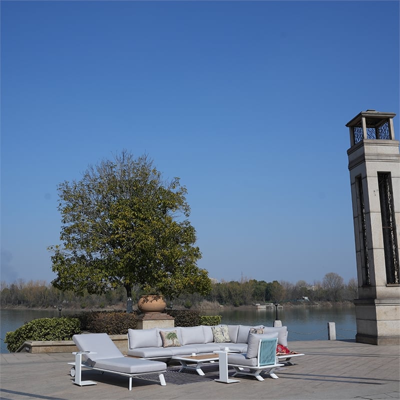 White Aluminum 8-Person Outdoor Seating Group with Gray Cushions