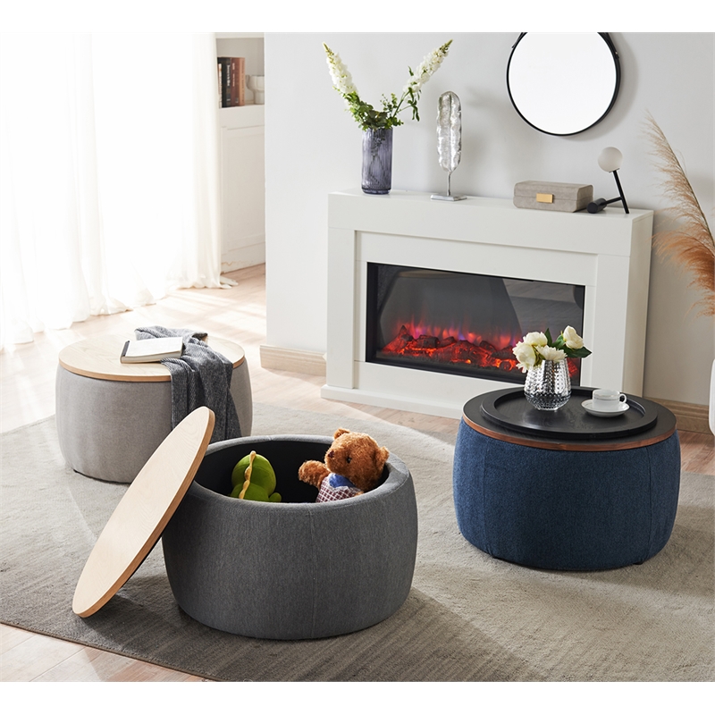 Round Fabric Storage Ottoman 2 in 1 Function  Work as End table and Ottoman Navy