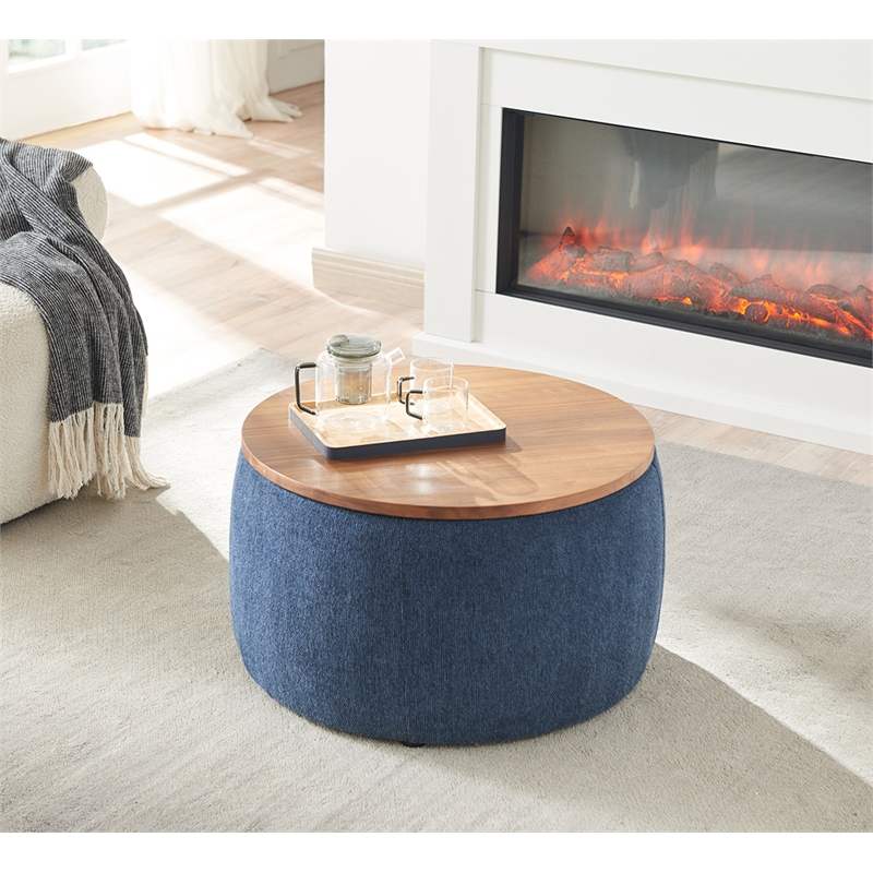 Round Fabric Storage Ottoman 2 in 1 Function  Work as End table and Ottoman Navy