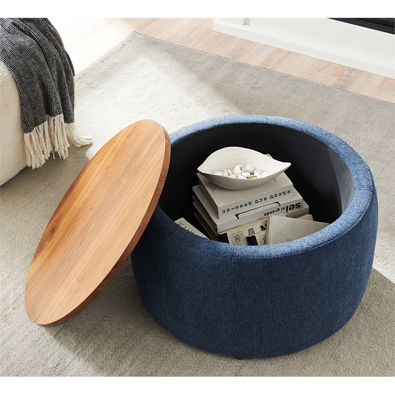 Round Fabric Storage Ottoman 2 in 1 Function  Work as End table and Ottoman Navy